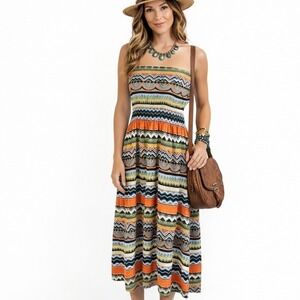 LOLITA Size Medium Strapless Elastic Empire Waist High Low Midi Dress 100% Rayon